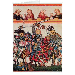 MITTELALTERLICHES TURNIER, KÄMPFENDE RITTER UND DA