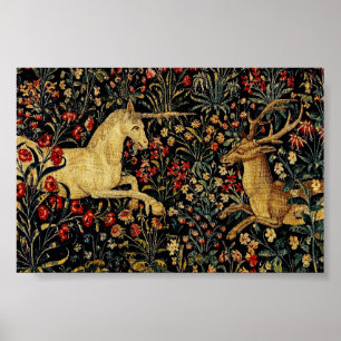 Mittelalterliches Unicorn Mitternacht Blumengarten Poster
