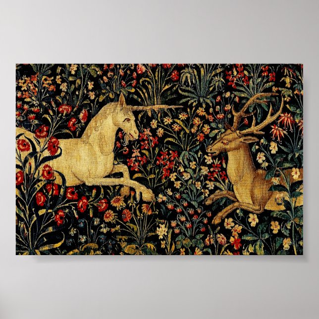 Mittelalterliches Unicorn Mitternacht Blumengarten Poster (Vorne)