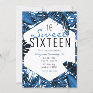 Mittelblau Denim Tropische Palmenblätter Sweet 16 Einladung