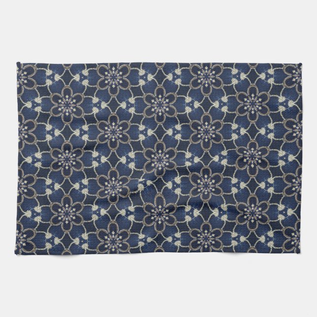 Mittelblaue Blumenmuster Geschirrtuch (Horizontal)