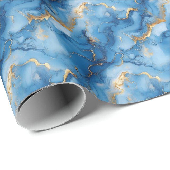 Mittelblauer und goldener Marmor Geschenkpapier (Rolleneckpunkt)