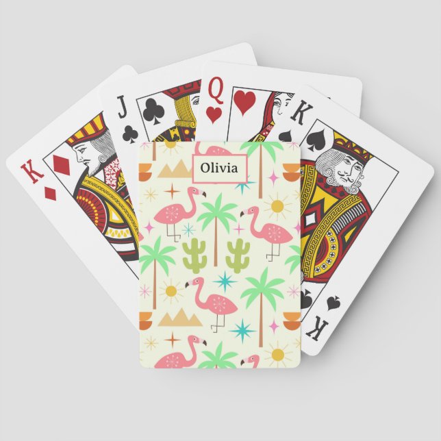 Mittelepoch-Palm-Springs-Flamingo mit Bäumen  Spielkarten (Rückseite)