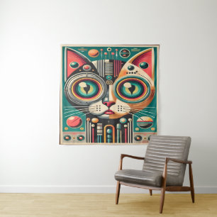 Mitteljahrs-Retro-Futuristikkatze Wandteppich