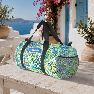 Mittelmeer-Aqua-Minz-Blumenfliesenmuster Duffle Bag