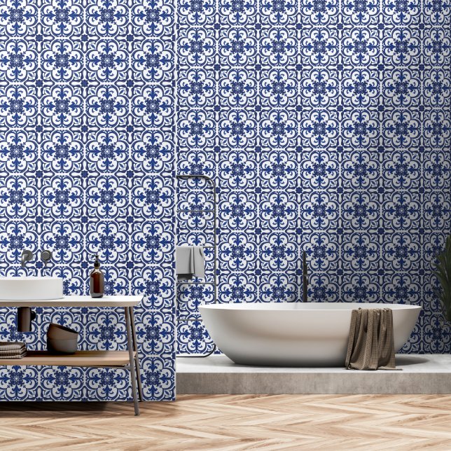 Mittelmeer-Azulejo-Muster Blaue Fliese Tapete (Badezimmer)