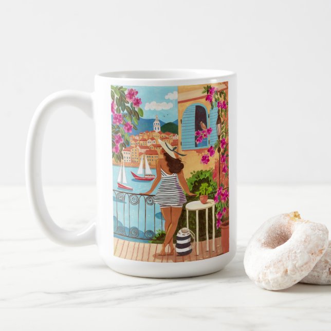 Mittelmeer-Balkon-Illustration Kaffee Kaffeetasse (Mit Donut)
