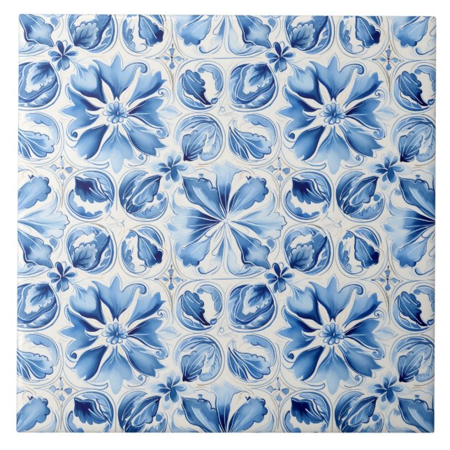 Mittelmeer Blau Ornamentiert  Fliese (Vorderseite)