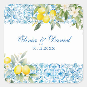 Mittelmeer Blaue Fliesen & Zitronen Hochzeit Quadratischer Aufkleber