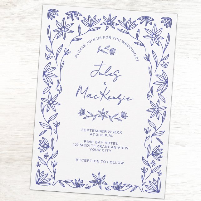 Mittelmeer Blaue Wildblume QR-Code Hochzeit Einladung (Mediterranean floral blue and white QR code wedding invitaiton)