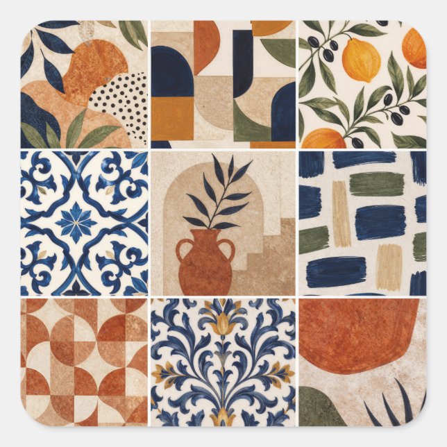 Mittelmeer Boho-Fliesenmuster Quadratischer Aufkleber (Vorderseite)