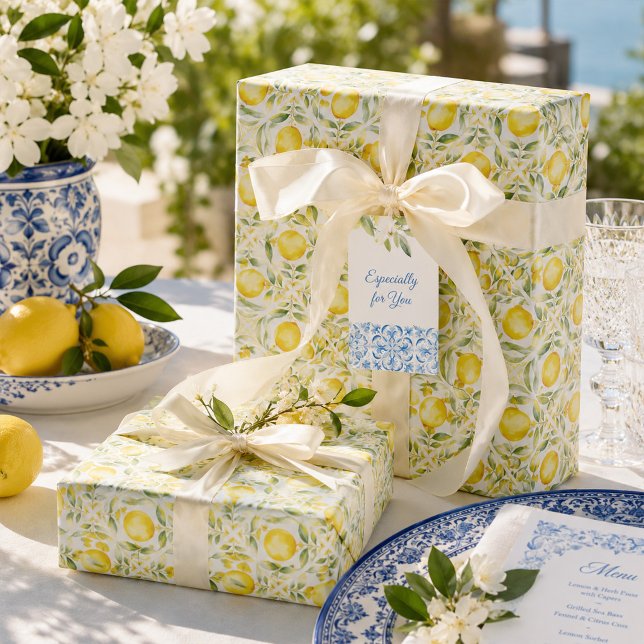 Mittelmeer Citrus Lemon Tiles Geschenkpapier (Mediterranean Lemon Bridal Shower Wrapping Paper)