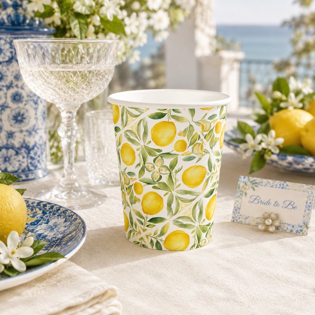 Mittelmeer Citrus Lemon Tiles Pappbecher (Mediterranean Lemon Bridal Shower Paper Cups)