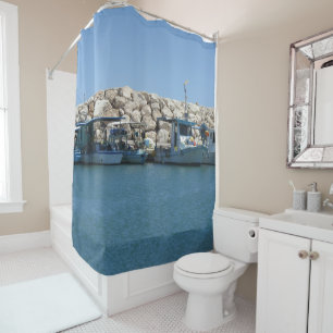Mittelmeer-Fischerboote in Blaumeer-Design Duschvorhang