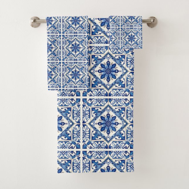 Mittelmeer-Fliesen, Portugal, Azulejo, Majolica Badhandtuch Set (Insitu)