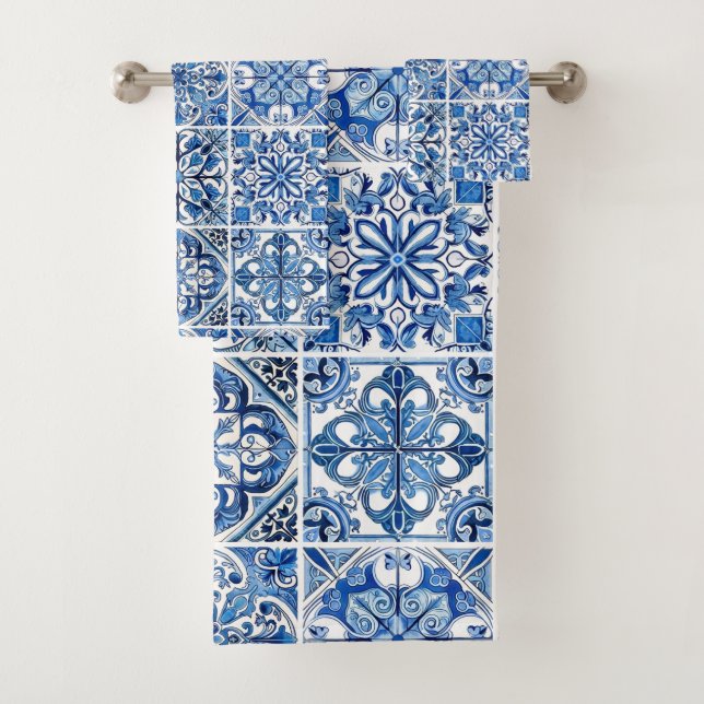 Mittelmeer-Fliesen, Portugal, Azulejo, Majolica Badhandtuch Set (Insitu)