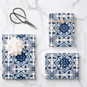 Mittelmeer-Fliesen, Portugal, Azulejo, Majolica Geschenkpapier Set