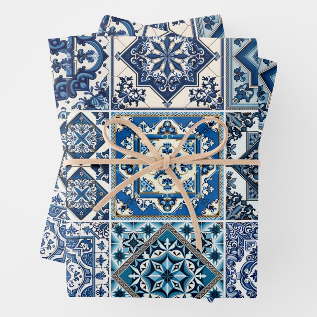 Mittelmeer-Fliesen, Portugal, Azulejo, Majolica Geschenkpapier Set (Beispiel)