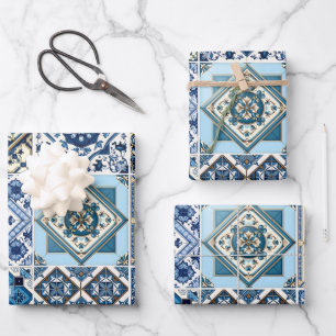 Mittelmeer-Fliesen, Portugal, Azulejo, Majolica Geschenkpapier Set