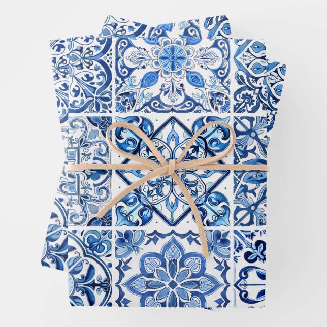 Mittelmeer-Fliesen, Portugal, Azulejo, Majolica Geschenkpapier Set (Beispiel)