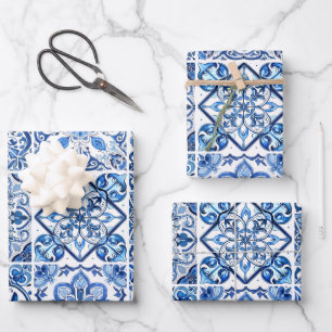 Mittelmeer-Fliesen, Portugal, Azulejo, Majolica Geschenkpapier Set