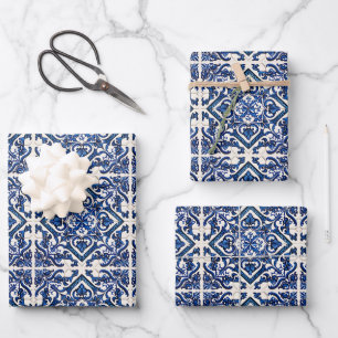 Mittelmeer-Fliesen, Portugal, Azulejo, Majolica Geschenkpapier Set