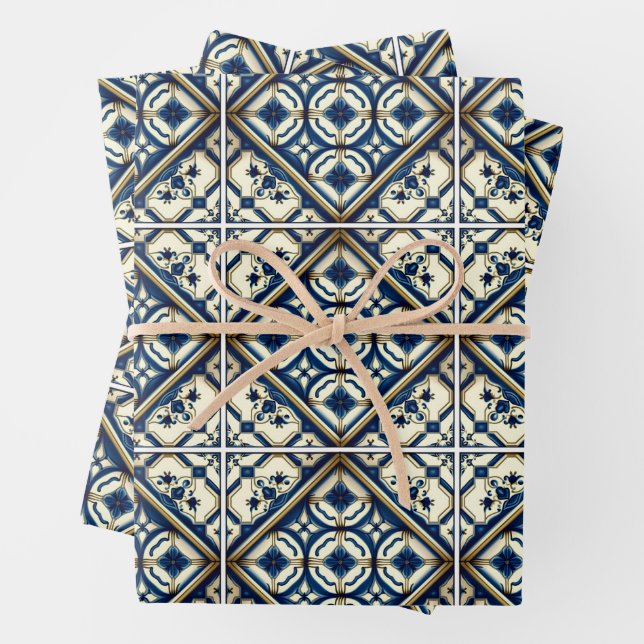 Mittelmeer-Fliesen, Portugal, Azulejo, Majolica Geschenkpapier Set (Beispiel)