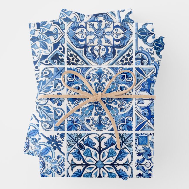 Mittelmeer-Fliesen, Portugal, Azulejo, Majolica Geschenkpapier Set (Beispiel)