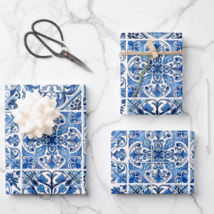 Mittelmeer-Fliesen, Portugal, Azulejo, Majolica Geschenkpapier Set
