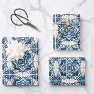 Mittelmeer-Fliesen, Portugal, Azulejo, Majolica Geschenkpapier Set