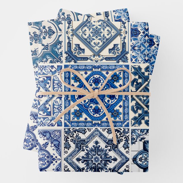 Mittelmeer-Fliesen, Portugal, Azulejo, Majolica Geschenkpapier Set (Beispiel)