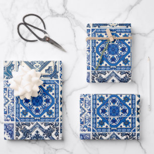 Mittelmeer-Fliesen, Portugal, Azulejo, Majolica Geschenkpapier Set