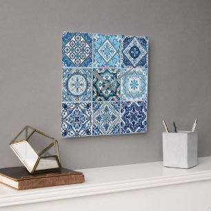 Mittelmeer-Fliesen, Portugal, Azulejo, Majolica Quadratische Wanduhr