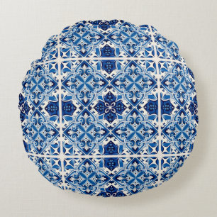 Mittelmeer-Fliesen, Portugal, Azulejo, Majolica Rundes Kissen