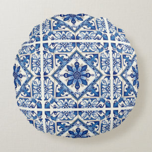 Mittelmeer-Fliesen, Portugal, Azulejo, Majolica Rundes Kissen