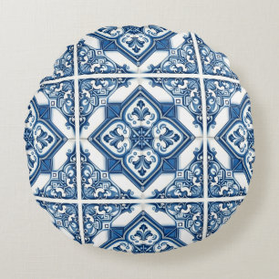 Mittelmeer-Fliesen, Portugal, Azulejo, Majolica Rundes Kissen