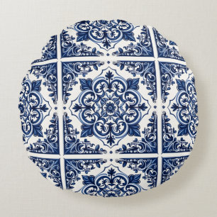Mittelmeer-Fliesen, Portugal, Azulejo, Majolica Rundes Kissen