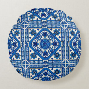 Mittelmeer-Fliesen, Portugal, Azulejo, Majolica Rundes Kissen