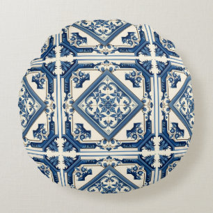 Mittelmeer-Fliesen, Portugal, Azulejo, Majolica Rundes Kissen