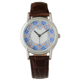 Mittelmeer-Fliesenmuster Azulejo Monogramm Armbanduhr