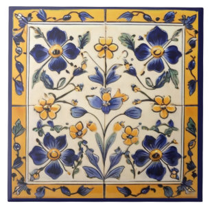 Mittelmeer Gelb & Navy Blau Blumen Floral Fliese
