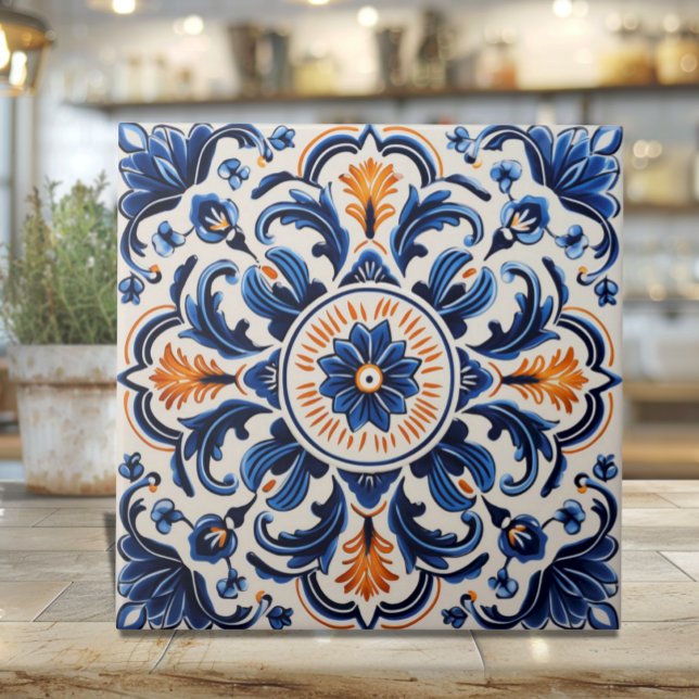 Mittelmeer-Keramikfliese mit Blau und Orange Fliese (Mediterranean Pottery Style Ceramic Tile - Sicilian heritage)