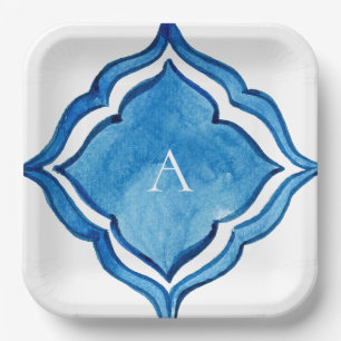 Mittelmeer Kobaltblaue Fliese Monogramm Pappteller