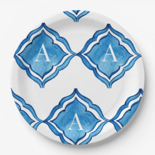 Mittelmeer Kobaltblaue Fliesen-Monogramm-Rund Pappteller