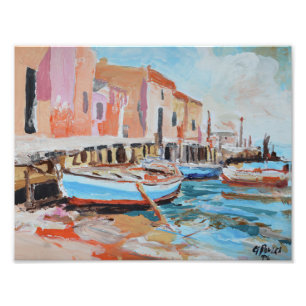 Mittelmeer-Küstendorf-Hafen-Impressionist Fotodruck