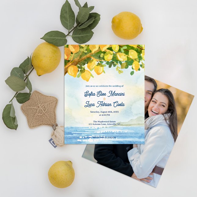 Mittelmeer-Küstenfoto-Limonen-Hochzeits-Einladung (Mediterranean Lemon Grove Watercolor Wedding Invitation with Photo Back | Coastal Amalfi Theme)