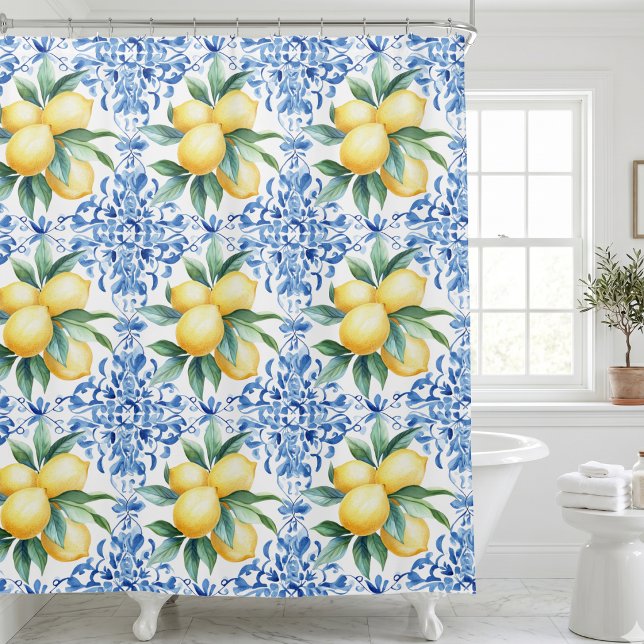 Mittelmeer Lemon Blue Duschvorhang (mediterranean citrus lemon blue tile french country shower curtain)