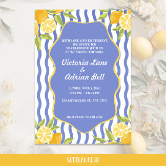 Mittelmeer-Limonen-blau-gestreifte Hochzeit Einladung