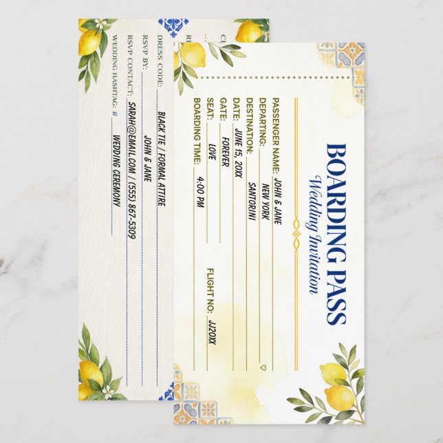 Mittelmeer-Limonen-Boarding-Pass-Hochzeit Save The Date (Vorne/Hinten)