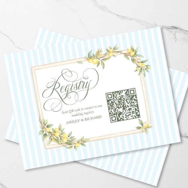 Mittelmeer-Limonen-Hochzeitsliste QR-Code Begleitkarte (elegant personalized Mediterranean lemon coastal stripe wedding registry QR code enclosure card)